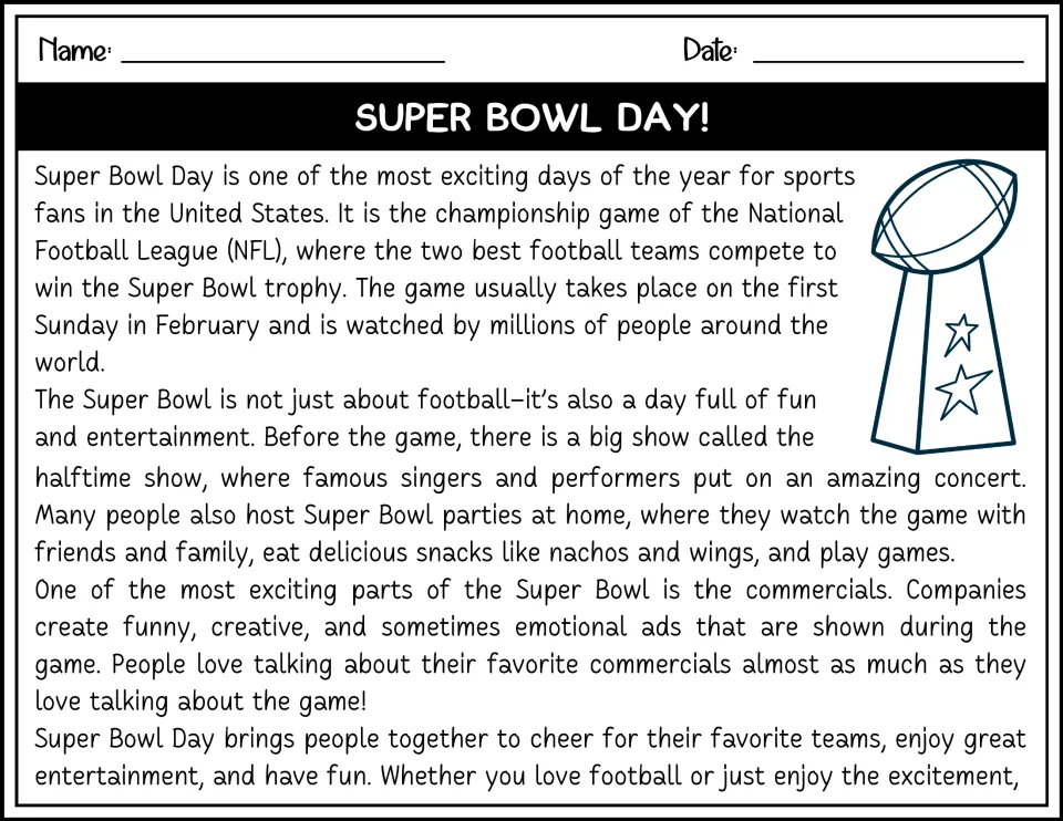 Black-and-white reading passage about the Super Bowl, its halftime show, fan celebrations, and commercials