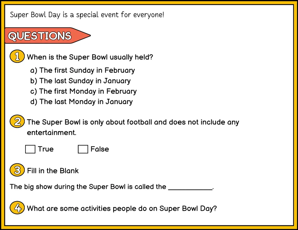 Color passage conclusion and questions 1–4 about Super Bowl timing, entertainment, halftime, and activities