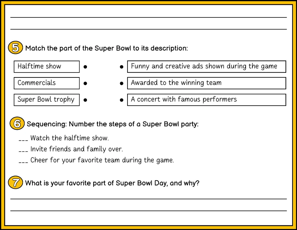 Color questions 5–7: match Super Bowl features, sequence party steps, and explain a favorite part of the day