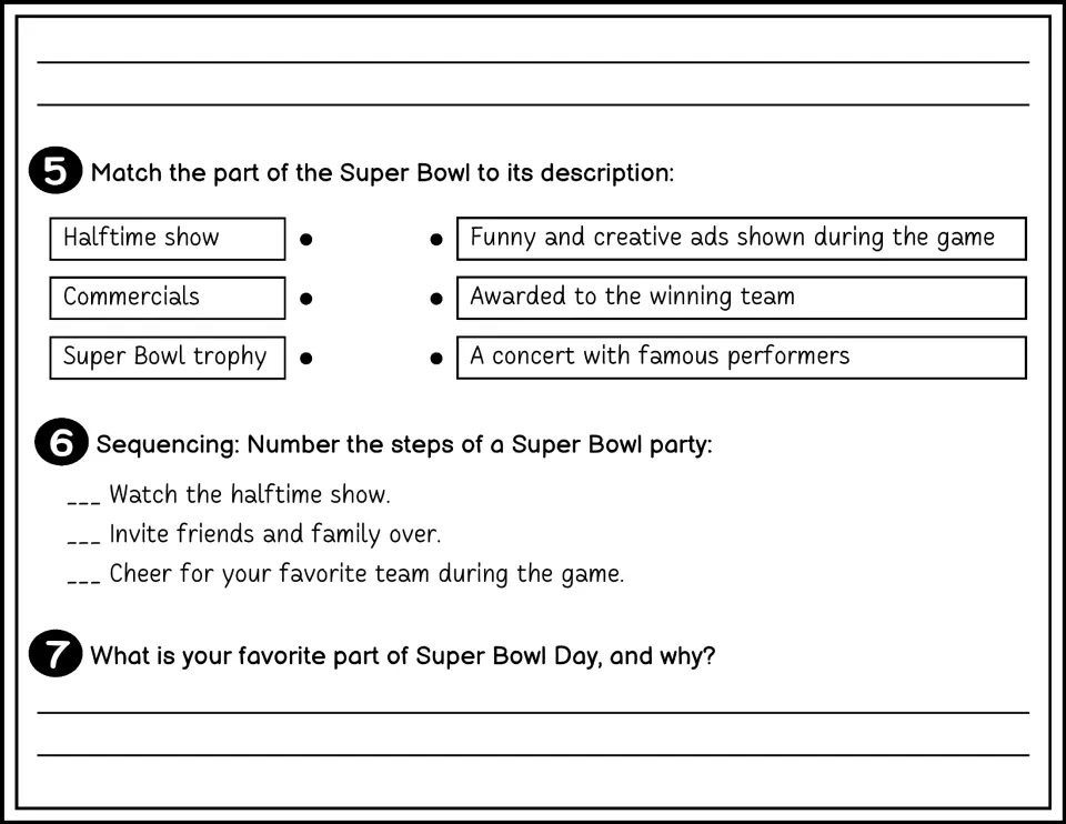 Black-and-white questions 5–7: match Super Bowl features, order party steps, and write about a favorite part