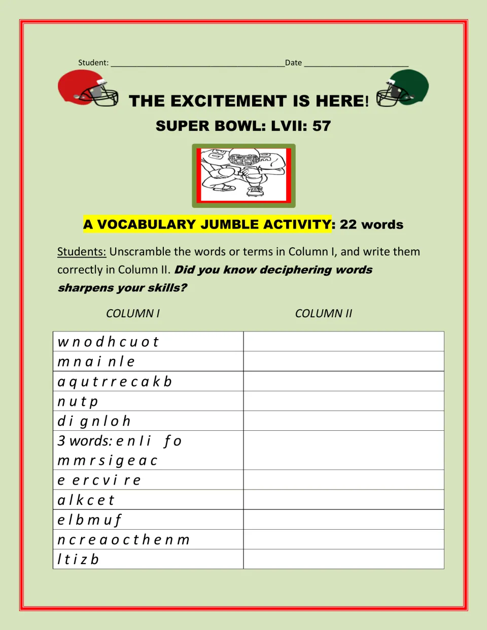 Super Bowl LVII football terms jumble: students unscramble the first 11 of 22 words, such as touchdown and blitz