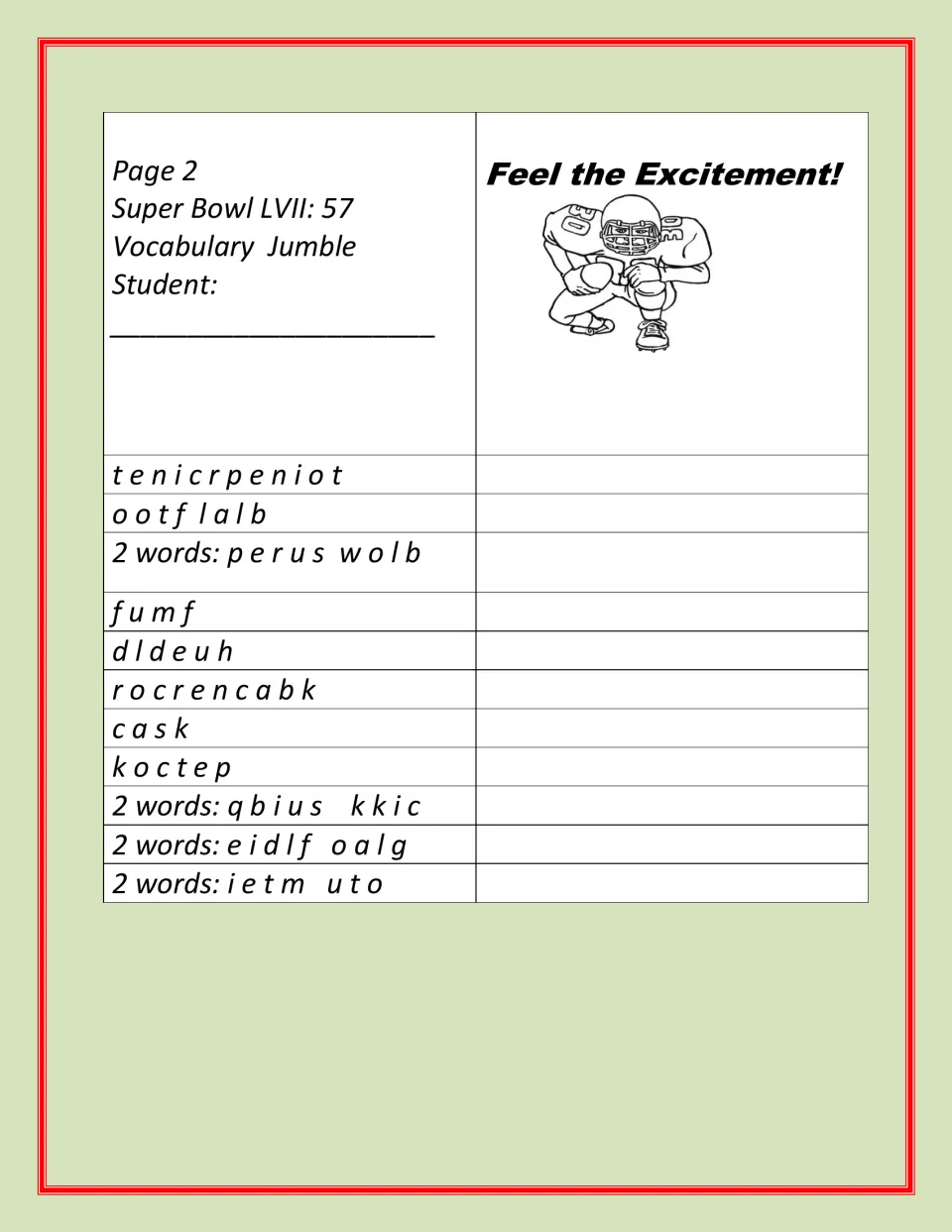 Football vocabulary jumble, part 2: students unscramble 11 more terms, with hints for two-word answers like field goal