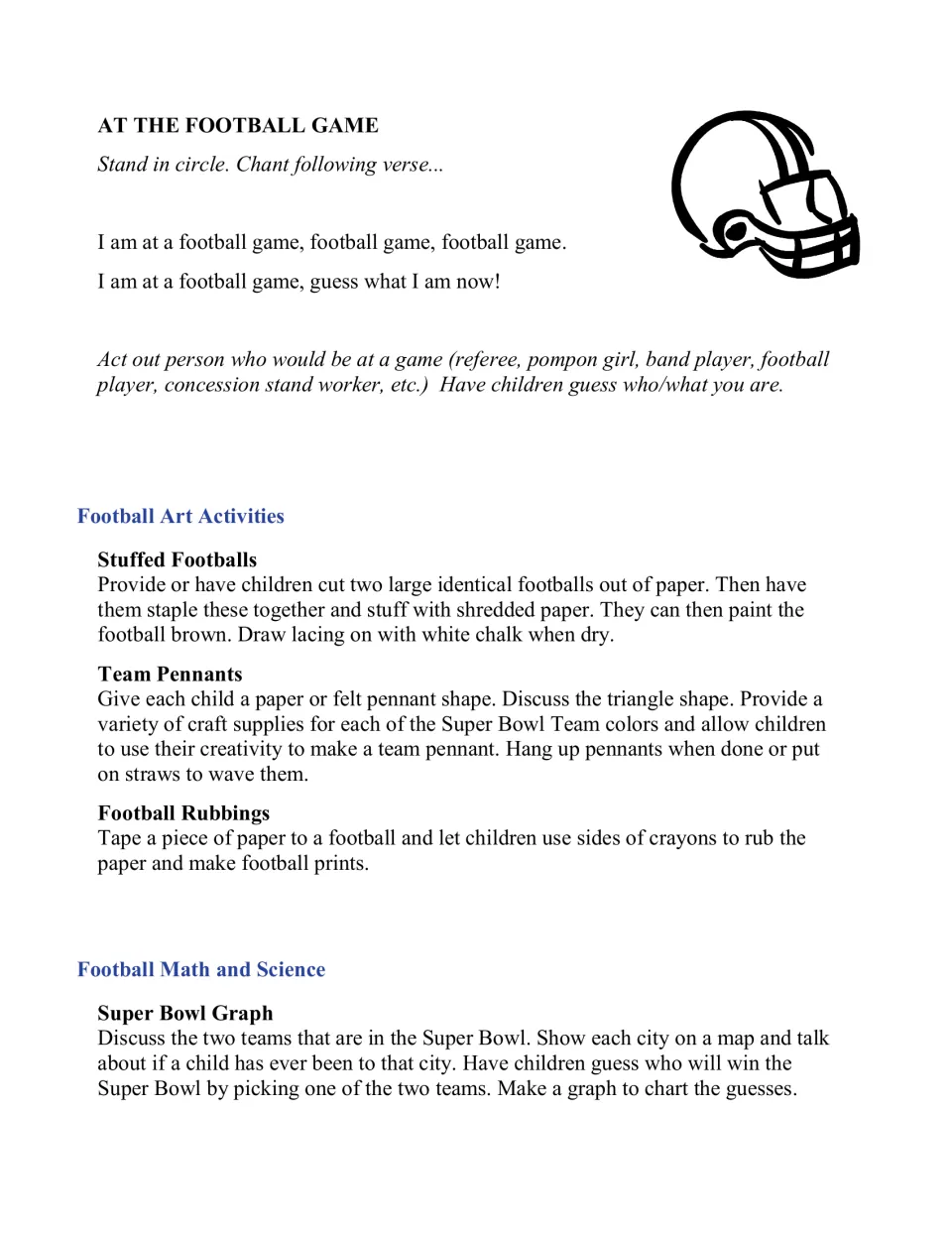 At the Football Game guessing chant, art ideas like stuffed footballs and pennants, and a Super Bowl prediction graph