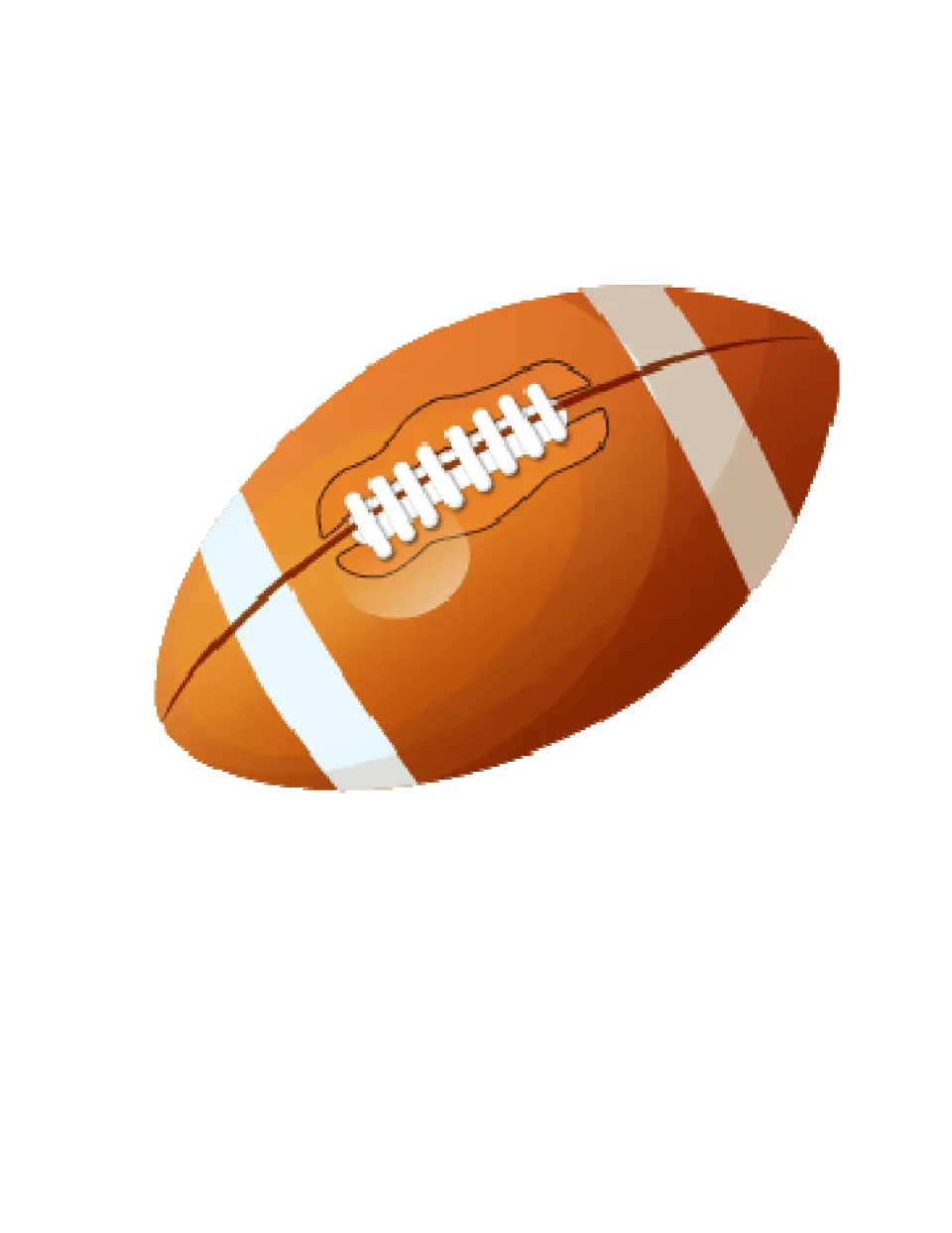 Full-page color illustration of an orange football with white laces and white stripes, with no text on the page