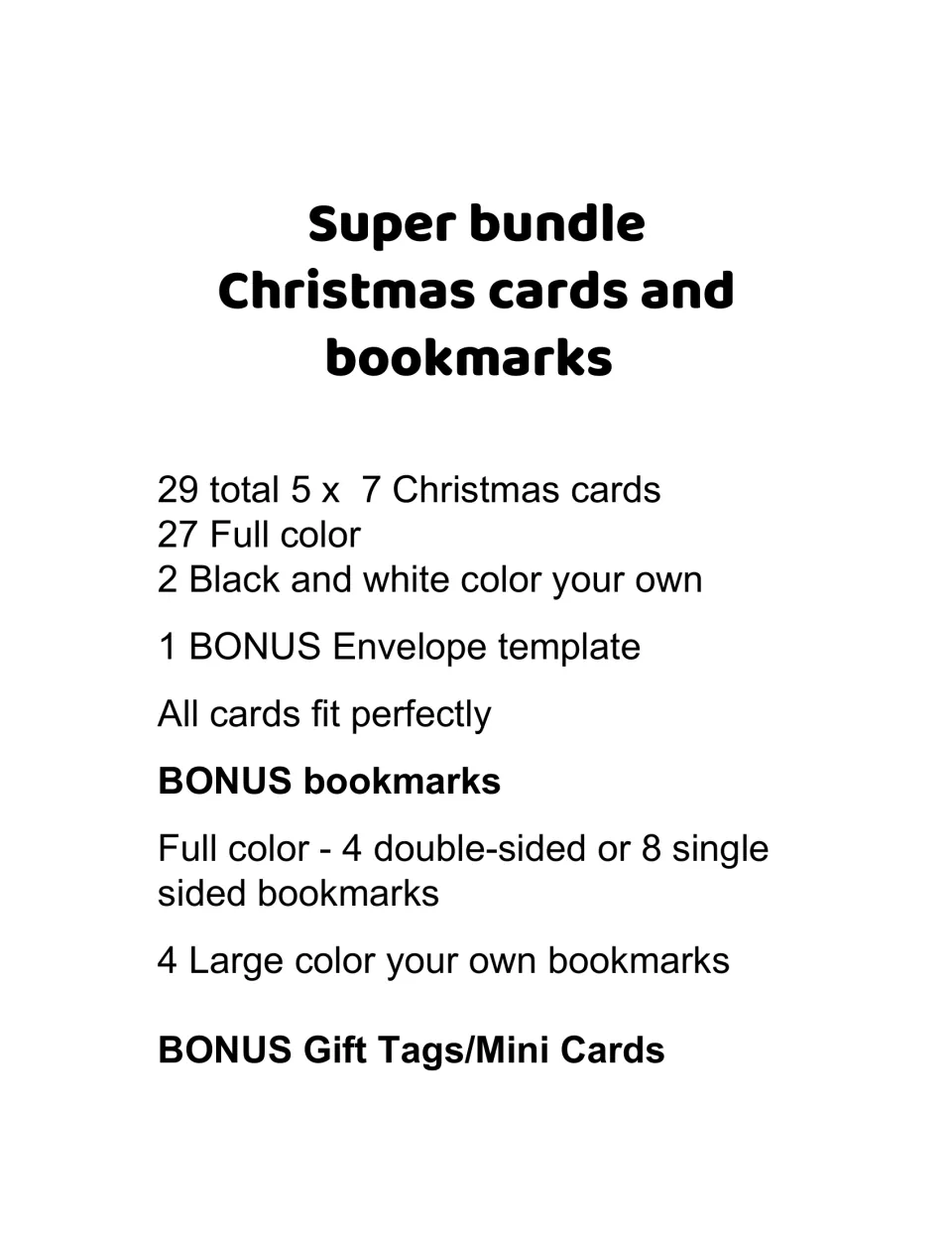 Christmas bundle cover lists 29 cards, an envelope template, color and color-your-own bookmarks, and tags