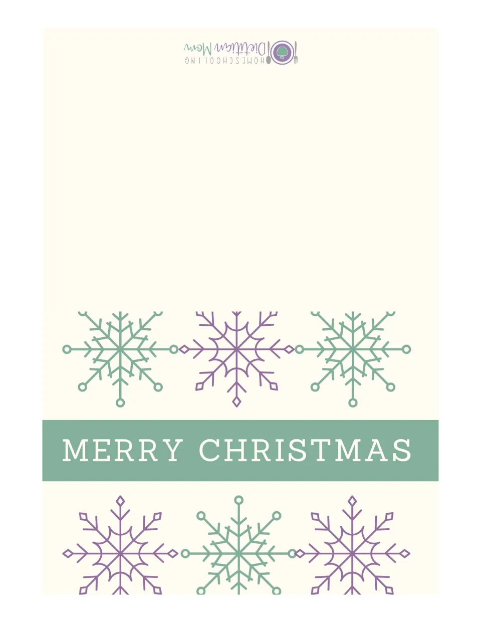 Printable Christmas card featuring green and purple snowflakes and the greeting “Merry Christmas”