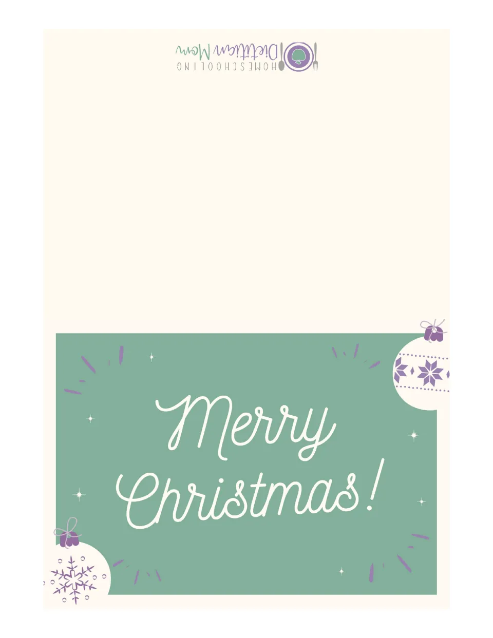 Printable Christmas card featuring a green greeting panel, hanging ornaments, and “Merry Christmas!”