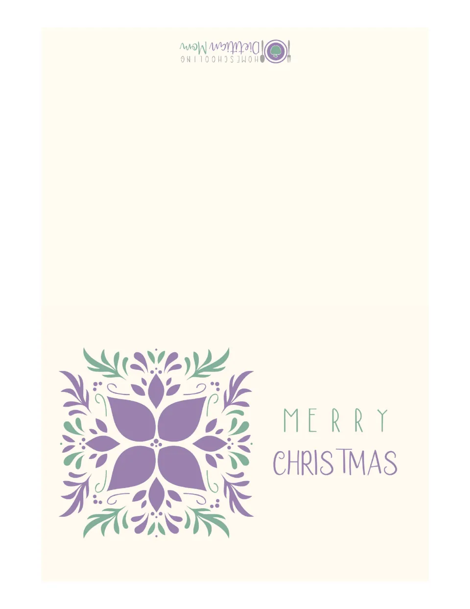 Printable Christmas card featuring a purple and green floral motif beside the words “Merry Christmas”