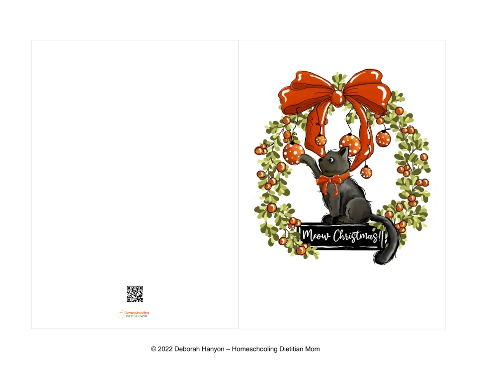 Printable “Meowy Christmas!” card shows a black cat reaching for an ornament inside a wreath with a red bow