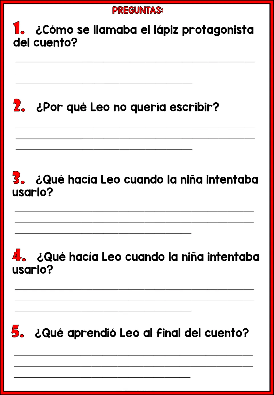 Five Spanish comprehension questions about Leo's name, fear, behavior, and lesson; questions 3 and 4 repeat.