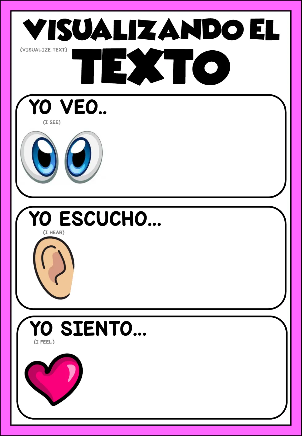 Spanish visualization organizer: 'Yo veo' (I see), 'Yo escucho' (I hear), and 'Yo siento' (I feel).