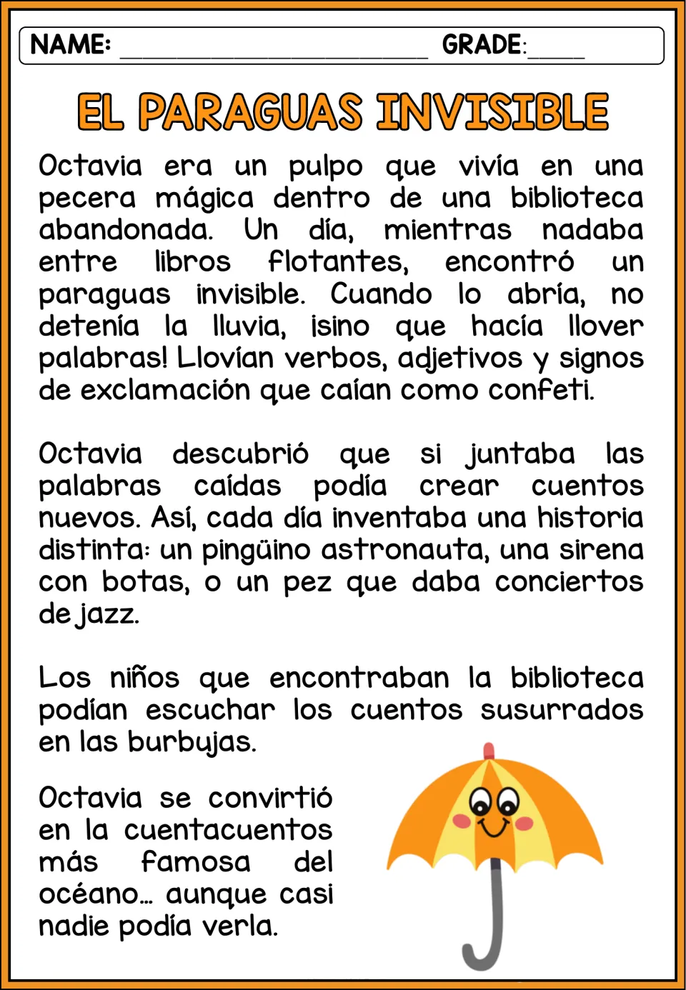 Spanish story 'El paraguas invisible' (The Invisible Umbrella): Octavia gathers raining words to create stories