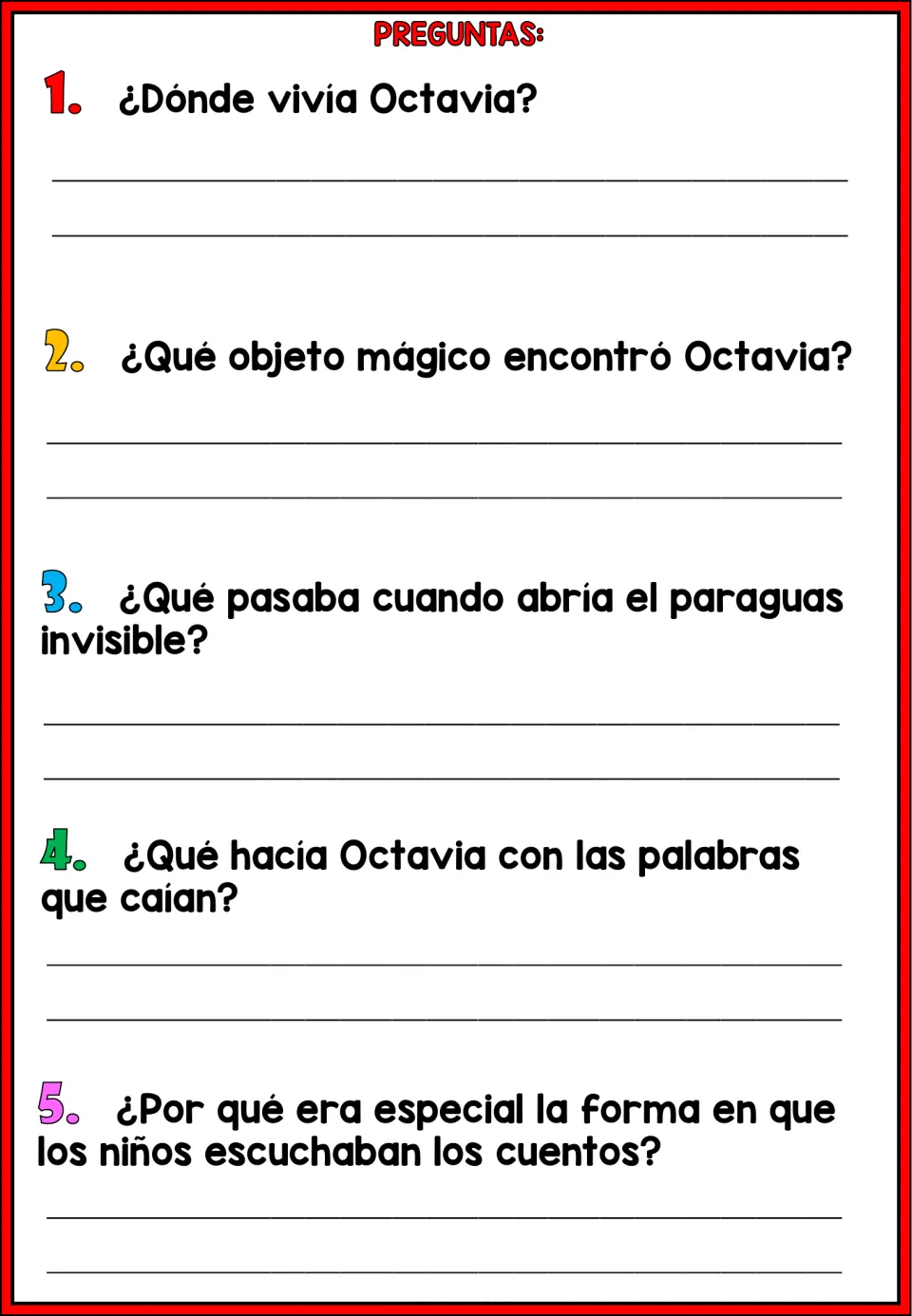 Five Spanish comprehension questions about Octavia's home, magical umbrella, words, and storytelling