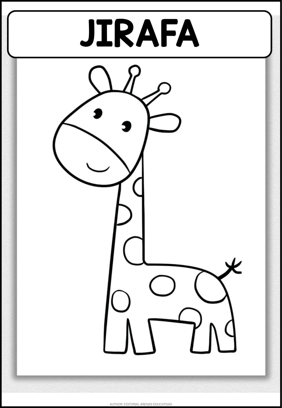Giraffe coloring page labeled JIRAFA in Spanish: students color a smiling cartoon giraffe outline with round spots
