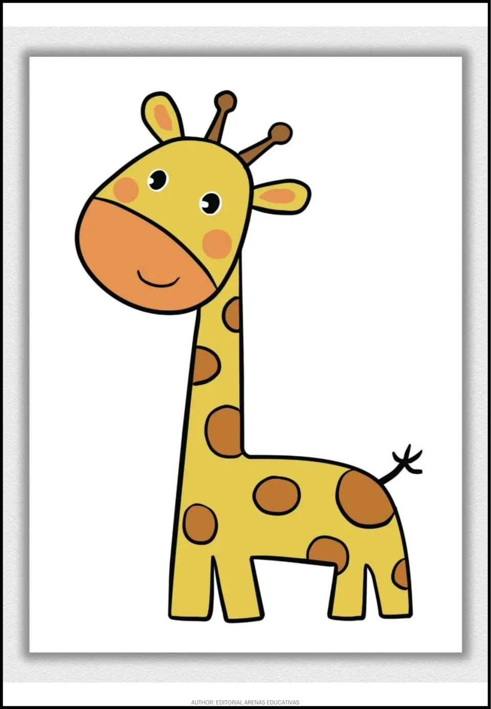 Colored model of the giraffe: yellow body, brown spots, orange muzzle and pink cheeks to guide students' color choices
