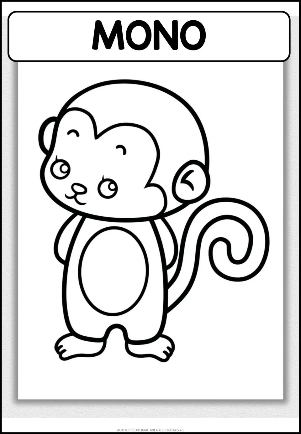 Monkey coloring page labeled MONO in Spanish: students color a cartoon monkey outline with a curled tail and round belly