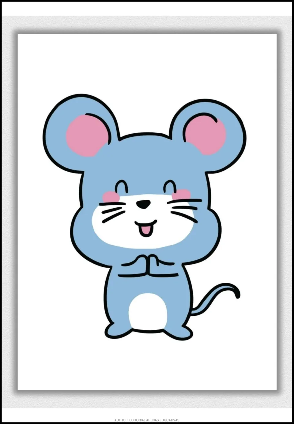 Colored model of the mouse in light blue with pink ears and cheeks and a white face and belly, as a coloring reference