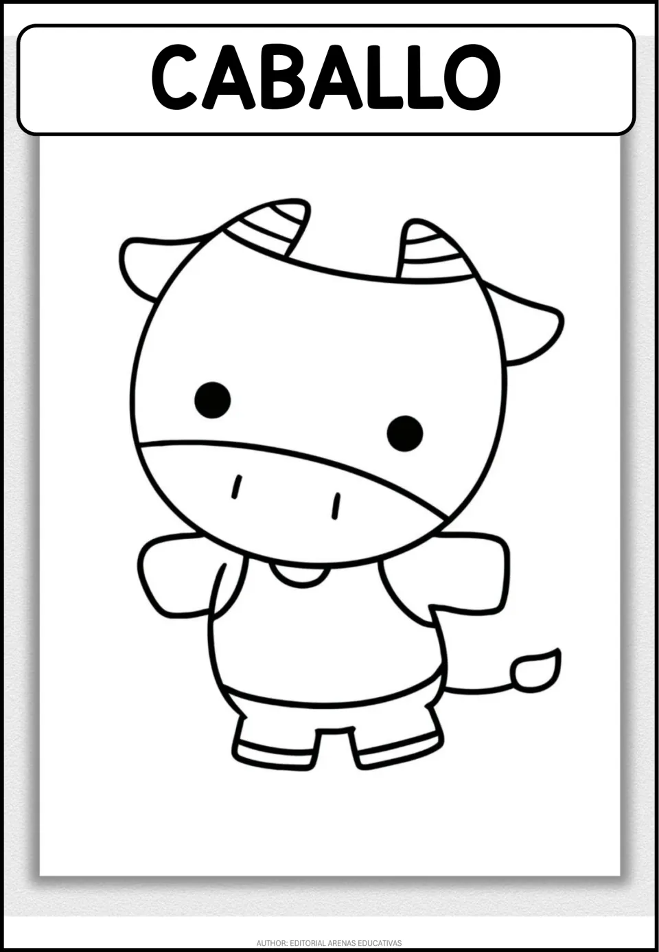 Coloring page labeled CABALLO (horse) in Spanish; the outline shows a horned cartoon animal in a tank top to color