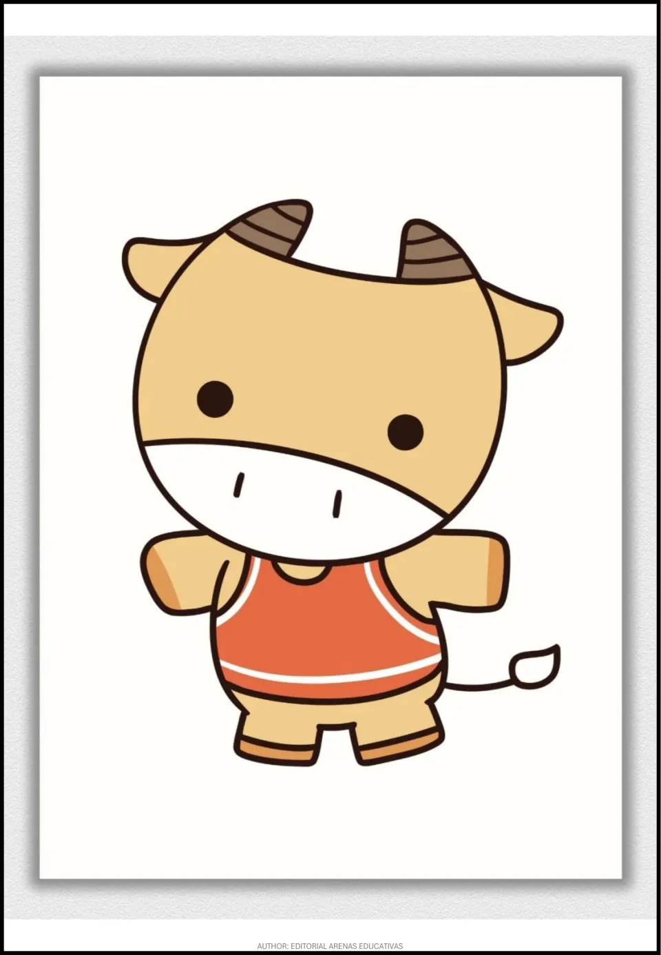 Colored model of the horned animal in tan with brown striped horns and an orange tank top, matching the CABALLO outline