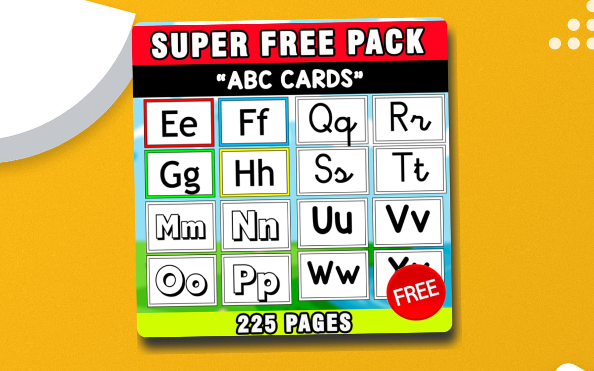 ABC cards cover showing a grid of colorful uppercase-and-lowercase letter cards and a red free-resource badge.