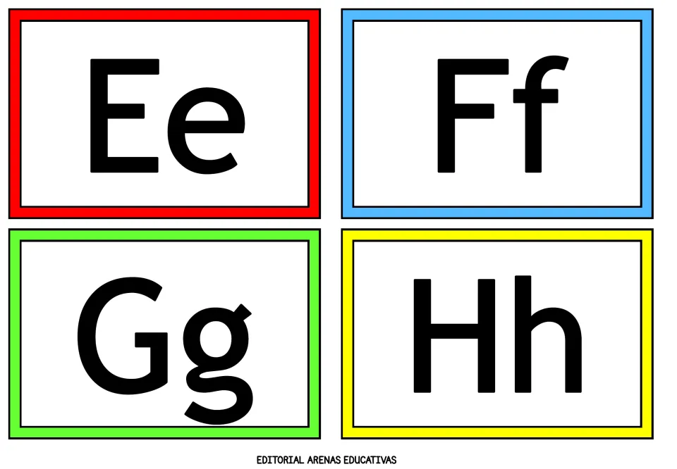 Ee, Ff, Gg and Hh flashcards: four capital and lowercase pairs for students to name aloud during alphabet review