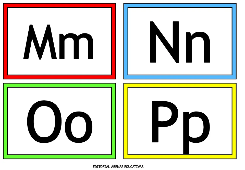 Mm, Nn, Oo and Pp flashcards: four big uppercase and lowercase pairs for students to recognise and say each letter