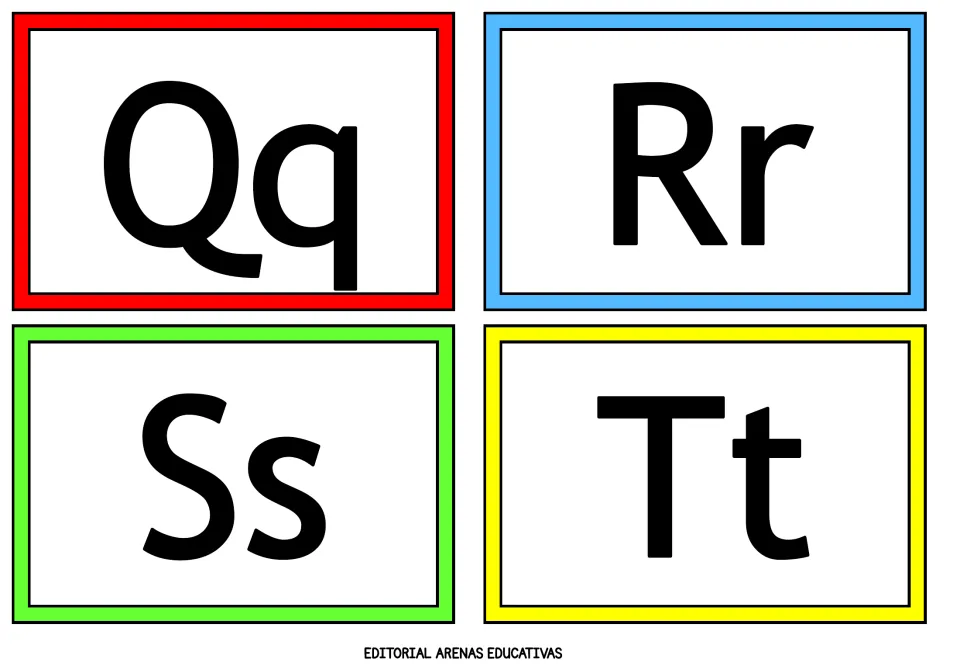 Qq, Rr, Ss and Tt flashcards: capital and lowercase forms shown together for matching and naming practice