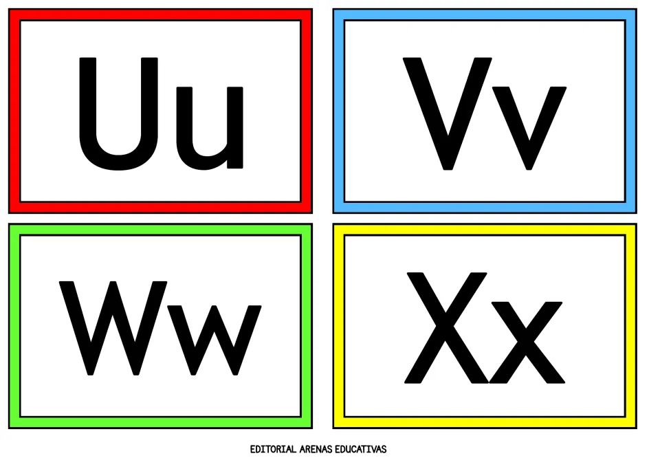Uu, Vv, Ww and Xx flashcards: each capital sits beside its small form for quick recognition drills