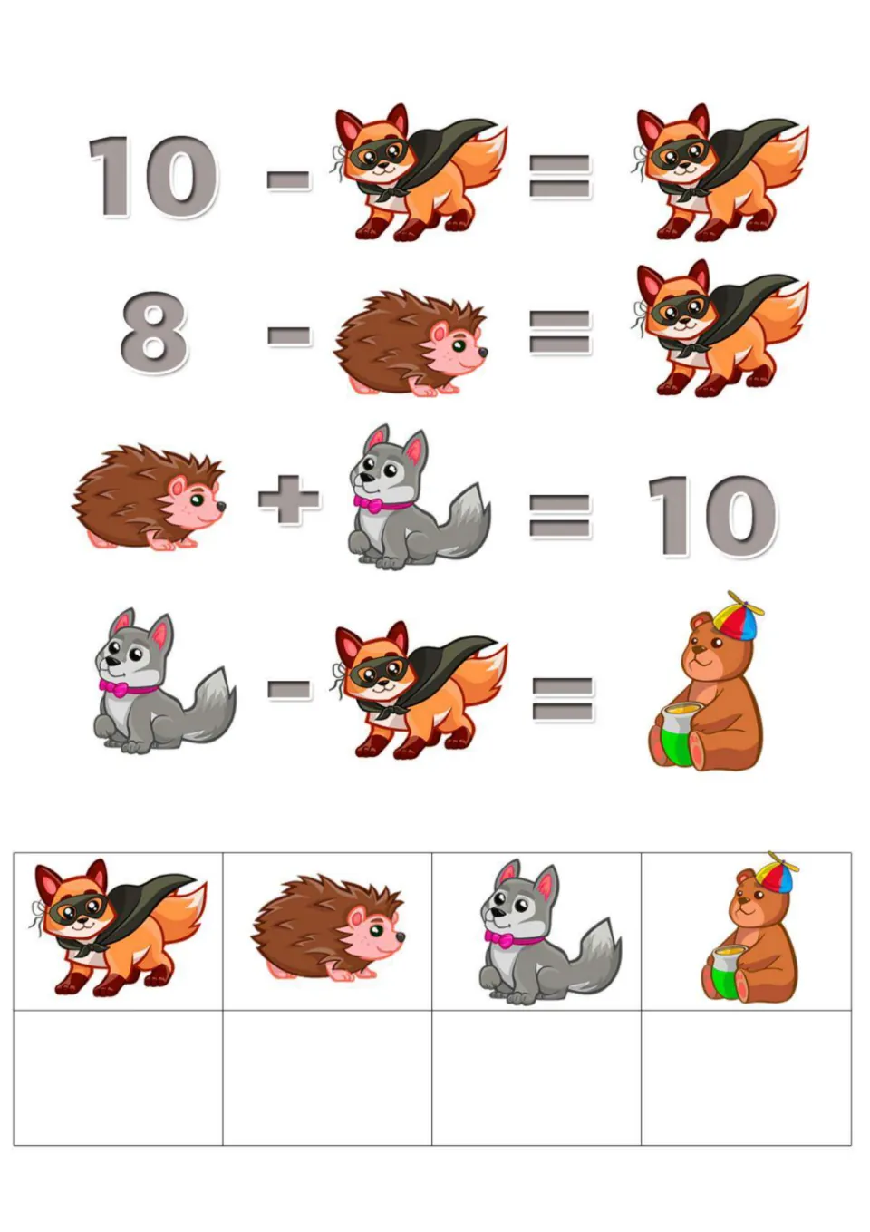 Woodland picture puzzle: subtract from 10 and 8, then add to 10 to find the fox, hedgehog, wolf and bear number values