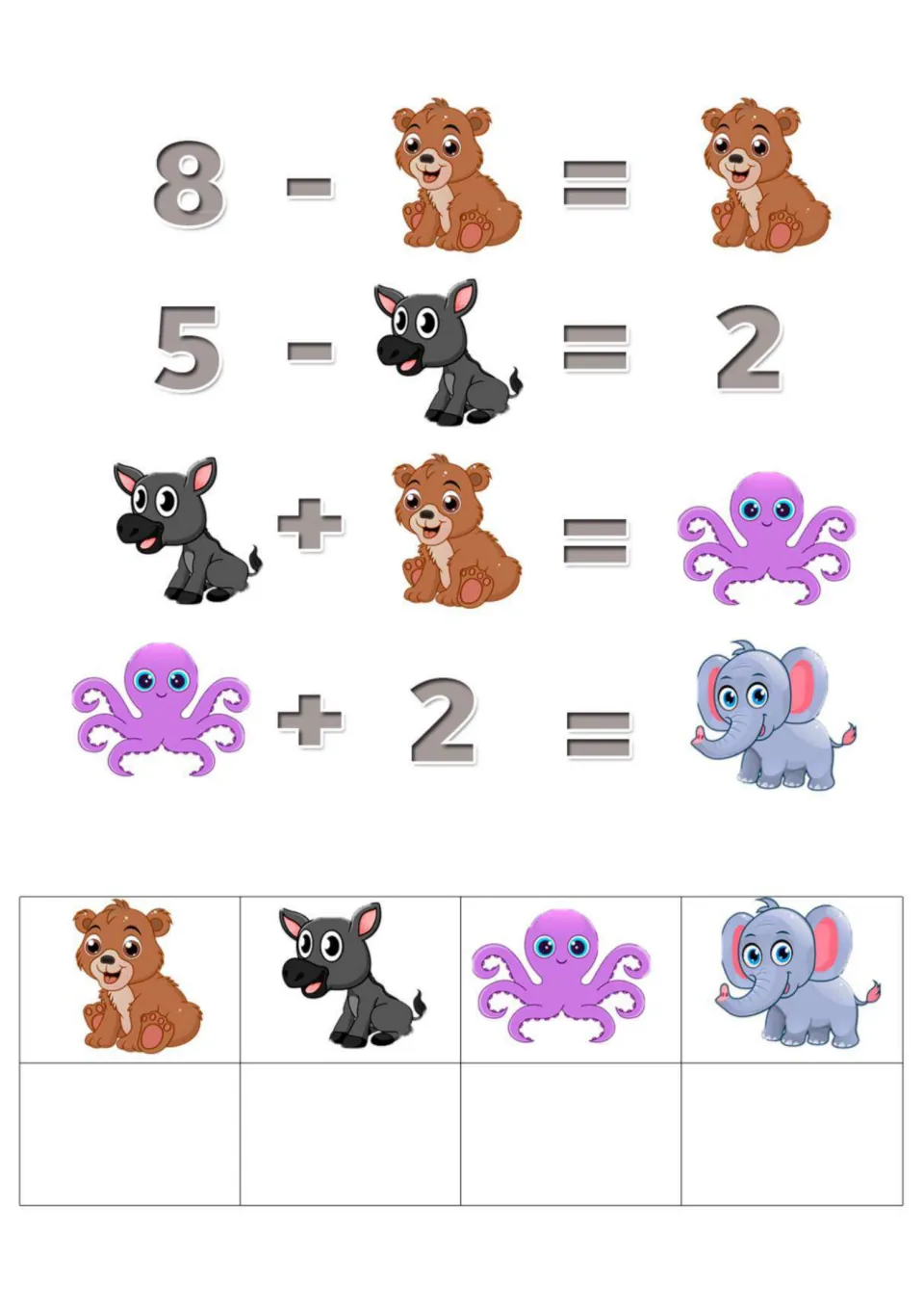 Baby animal picture puzzle: subtract from 8 and 5, then add to find the bear, donkey, octopus and elephant values