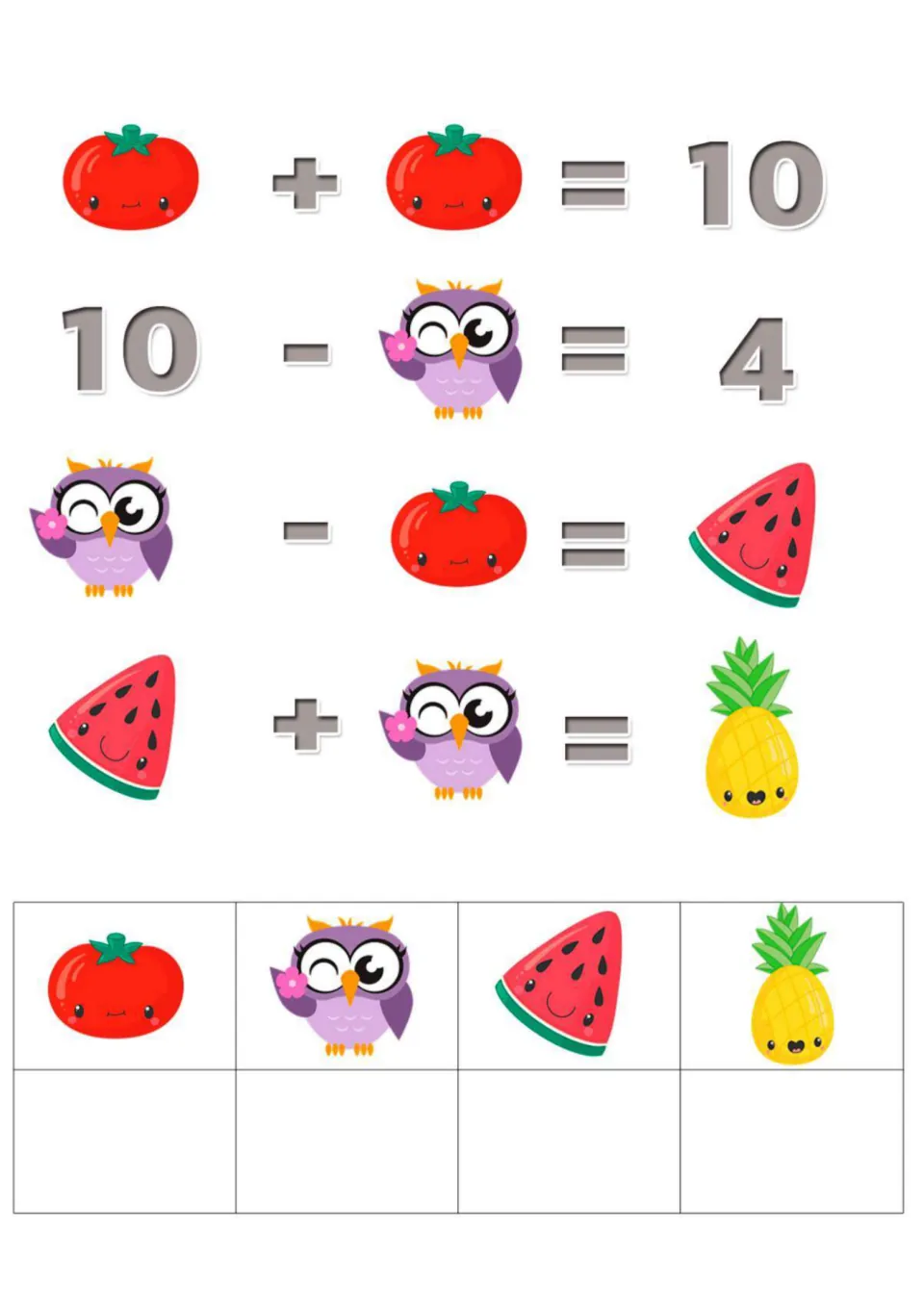 Kawaii picture math: two tomatoes equal 10, 10 minus the owl is 4; students find tomato, owl, watermelon, pineapple values