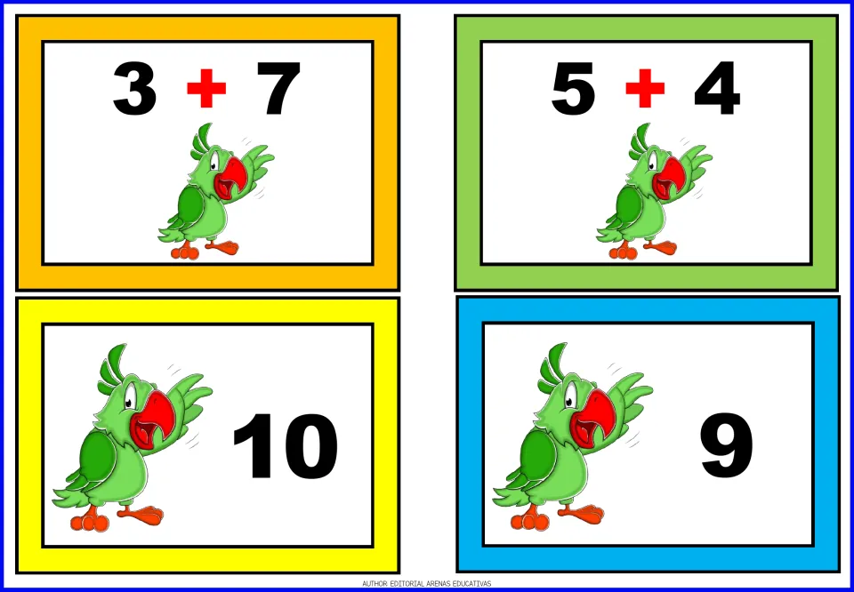 Sums within 10: parrot cards 3 + 7 and 5 + 4 with sum cards 10 and 9 for students to add and match to each fact