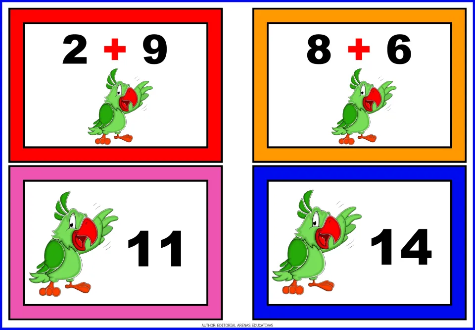 Adding past ten: parrot problem cards 2 + 9 and 8 + 6 with matching total cards 11 and 14 for students to solve and pair up