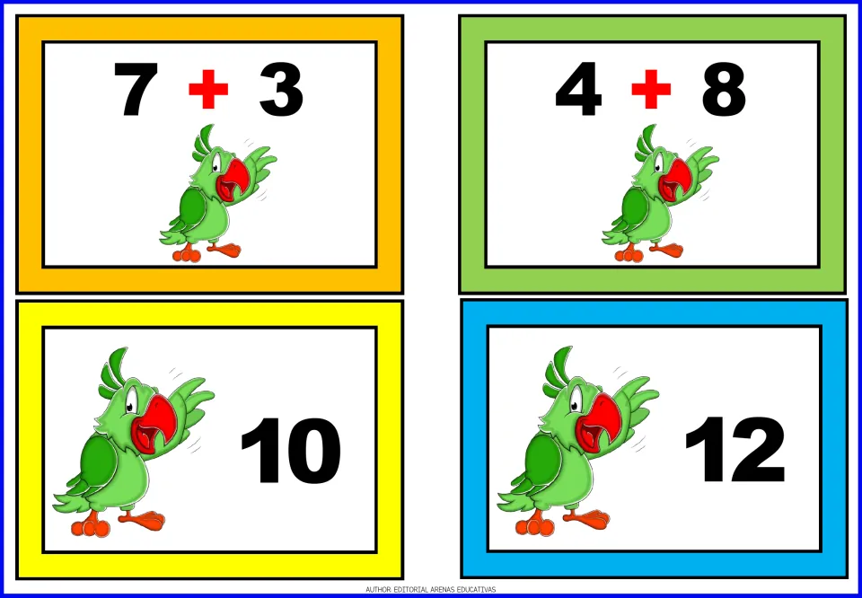 Sums of 10 and 12: parrot cards 7 + 3 and 4 + 8 with total cards; students add and match each problem to its answer