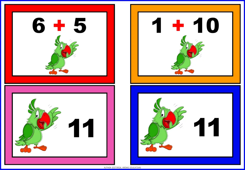 Two facts with one total: parrot cards 6 + 5 and 1 + 10, each matched by a sum card showing 11, for adding and matching