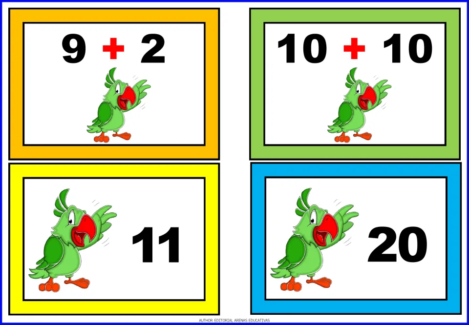 Sums to 20: parrot problem cards 9 + 2 and 10 + 10 with total cards 11 and 20 for students to compute and match