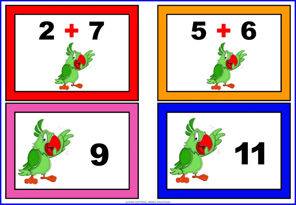 Single-digit addition: parrot cards 2 + 7 and 5 + 6 and sum cards 9 and 11; students pair each fact with its total