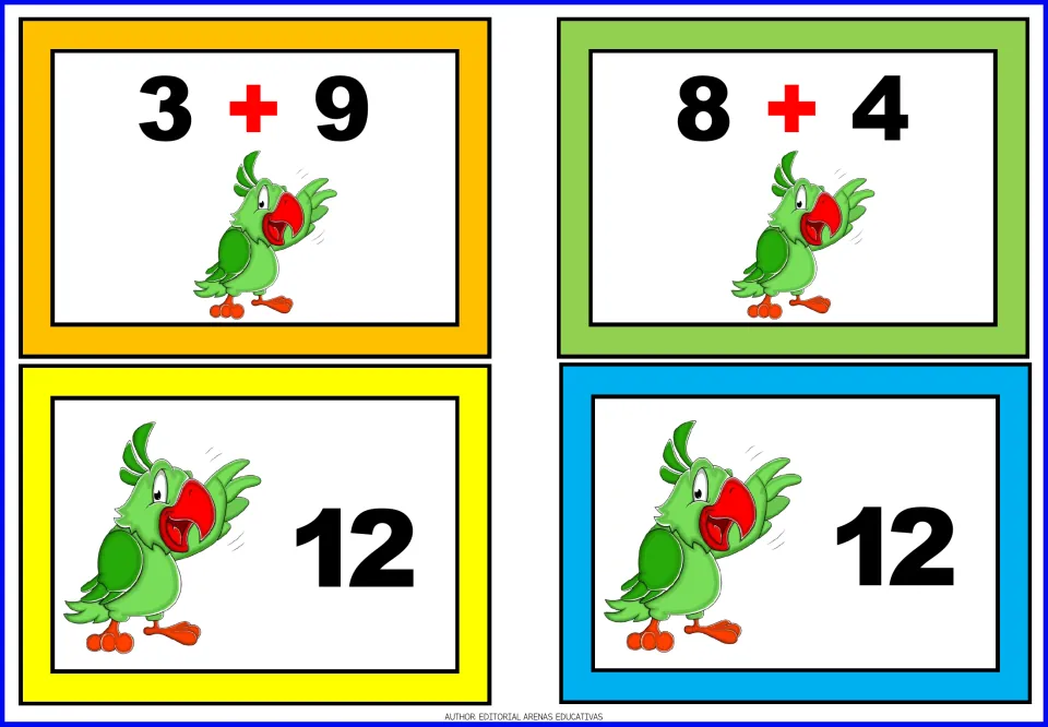 Making 12: parrot fact cards 3 + 9 and 8 + 4 with two result cards showing 12 for students to add and match