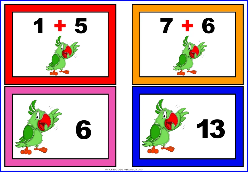 Mixed facts: parrot cards 1 + 5 and 7 + 6 with number cards 6 and 13, for students to work out each total and make a match
