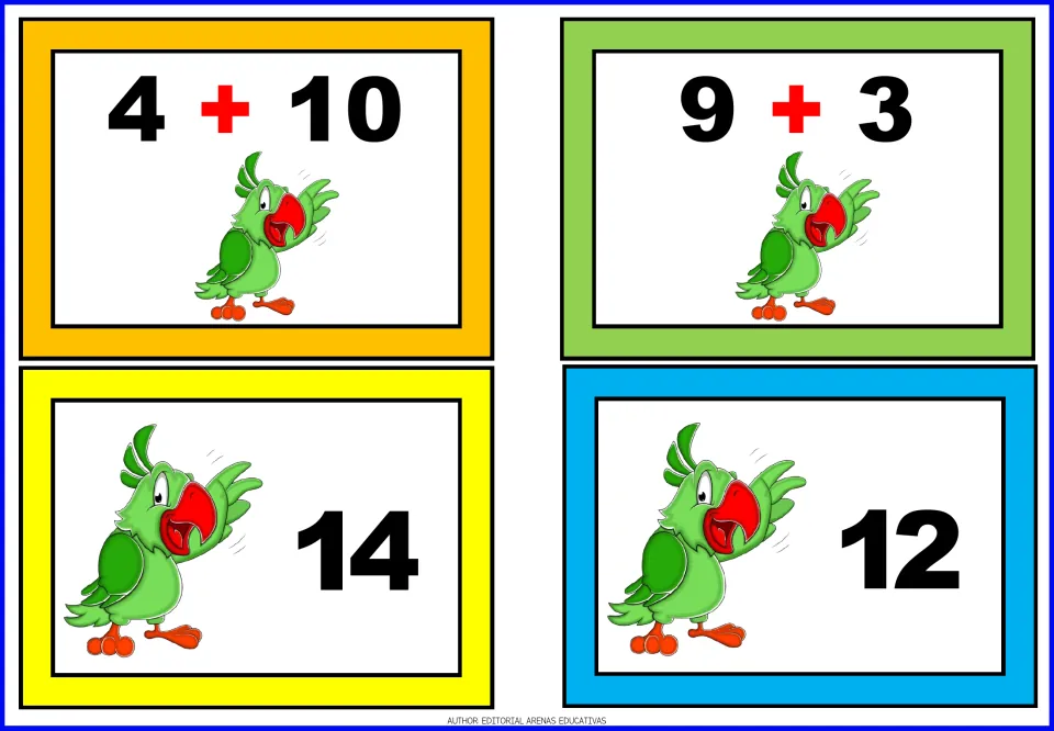 Adding with ten: parrot cards 4 + 10 and 9 + 3 with sum cards 14 and 12, so students solve and match each one