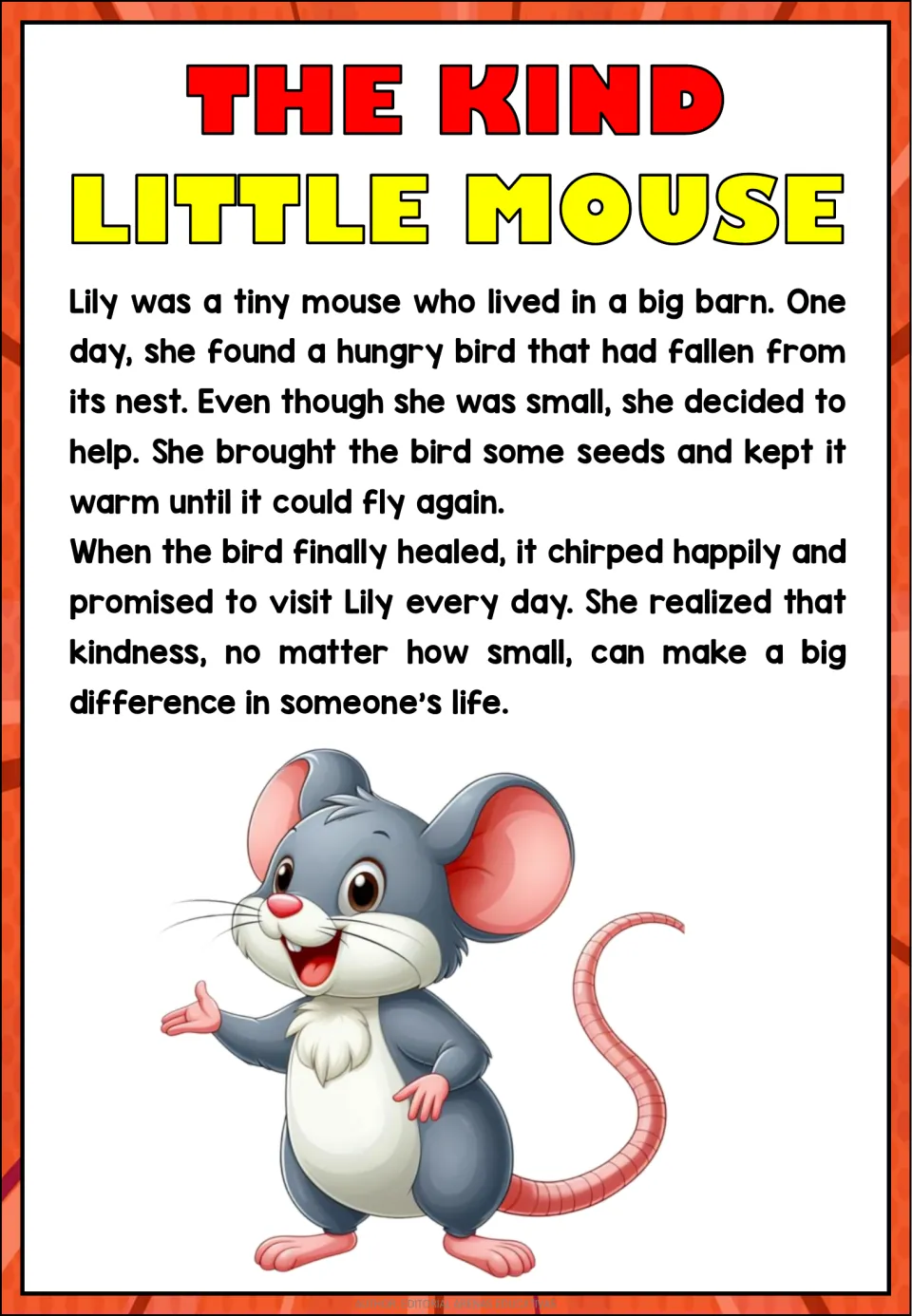 Reading passage 'The Kind Little Mouse': Lily feeds and warms a fallen bird and learns that kindness matters