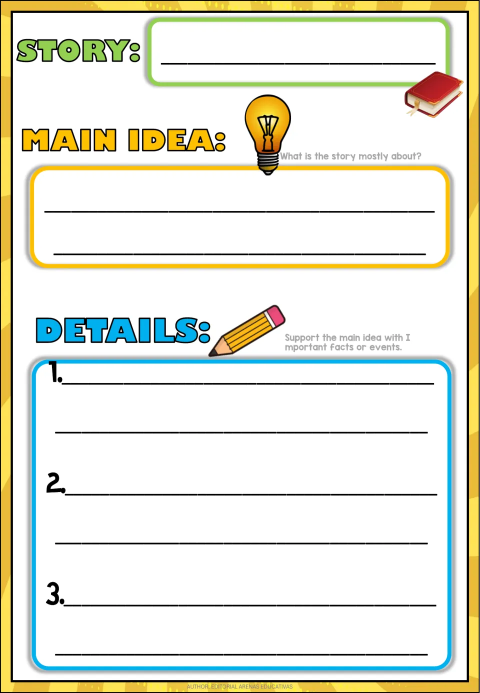 Blank reading anchor chart asks for the story title, its main idea, and three supporting facts or events