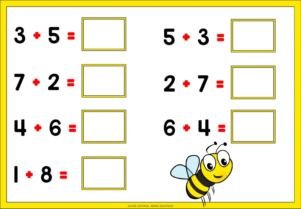 Addition worksheet 1 of 5: seven problems to solve, including 3 + 5, 7 + 2, 4 + 6, 1 + 8, and three more