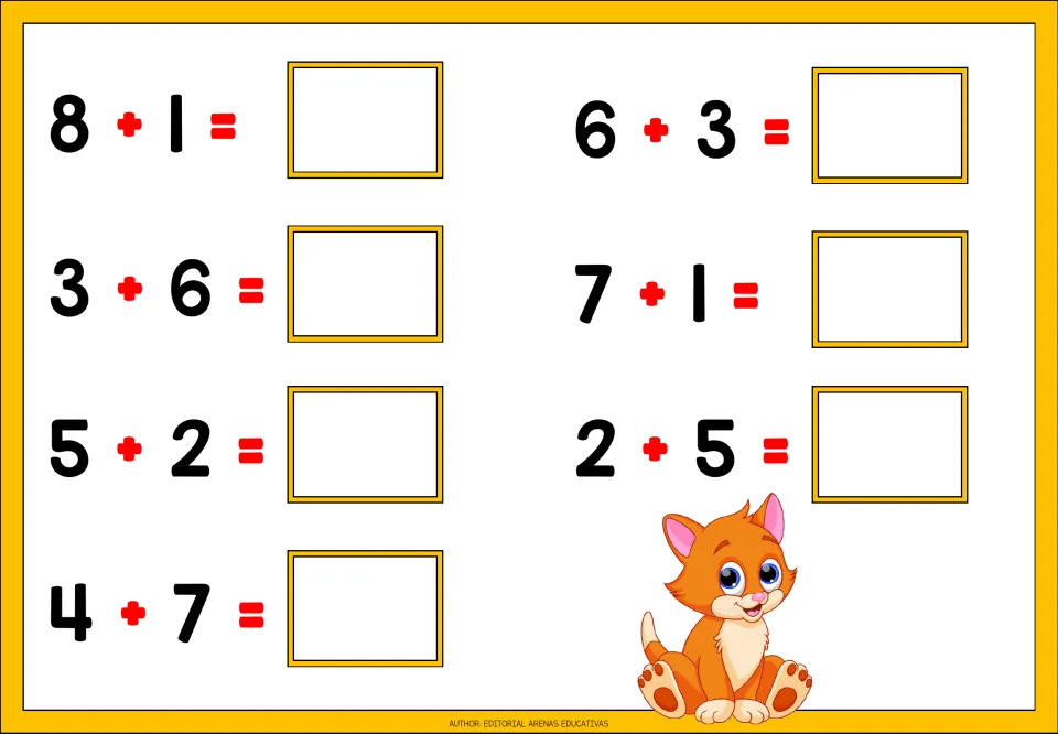 Addition worksheet 2 of 5: seven problems to solve, including 8 + 1, 3 + 6, 5 + 2, 4 + 7, and three more