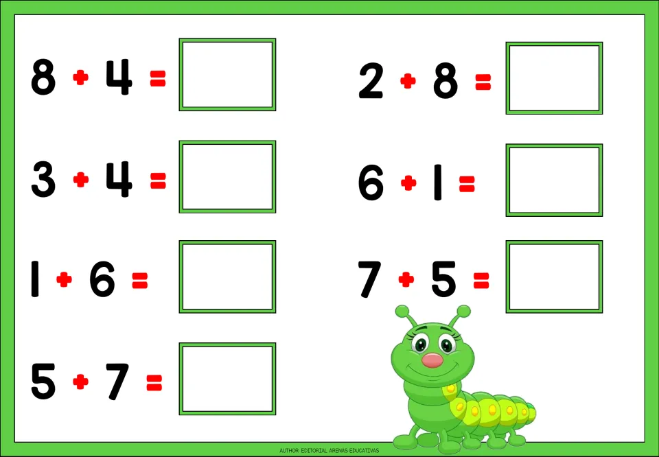 Addition worksheet 3 of 5: seven problems to solve, including 8 + 4, 3 + 4, 1 + 6, 5 + 7, and three more