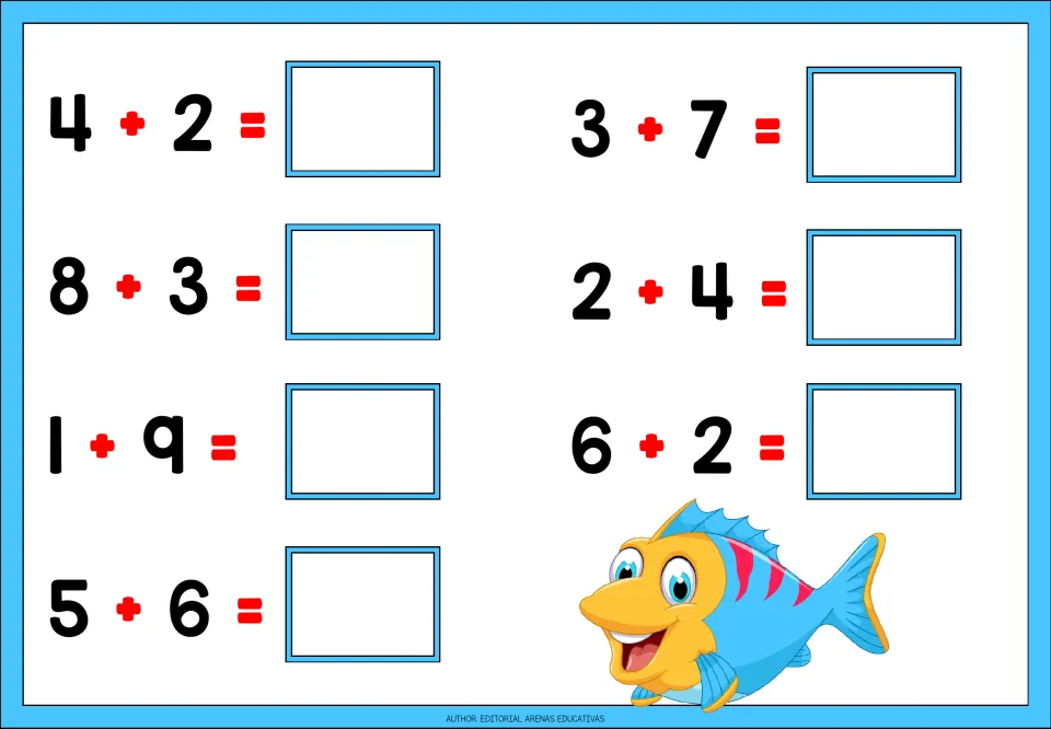 Addition worksheet 4 of 5: seven problems to solve, including 4 + 2, 8 + 3, 1 + 9, 5 + 6, and three more