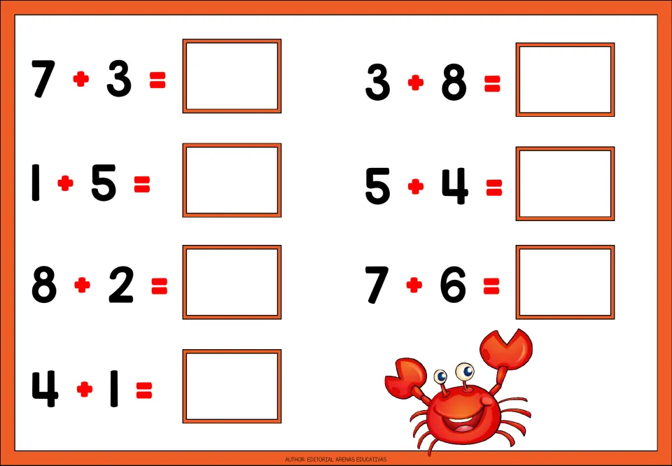 Addition worksheet 5 of 5: seven problems to solve, including 7 + 3, 1 + 5, 8 + 2, 4 + 1, and three more