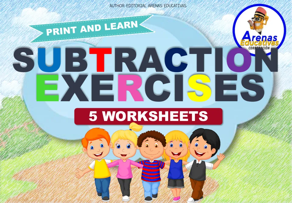 Subtraction section cover labeled 'Print and Learn' and 'Subtraction Exercises,' introducing five worksheets