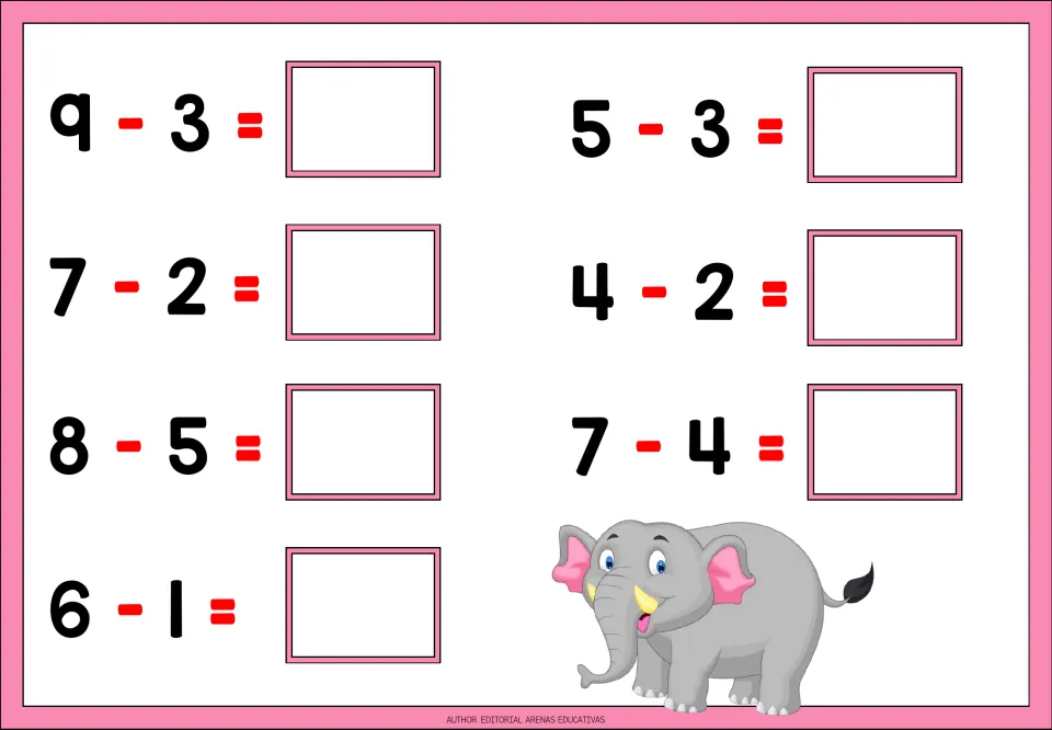 Subtraction worksheet 1 of 5: seven problems, including 9 − 3, 7 − 2, 8 − 5, 6 − 1, and three more