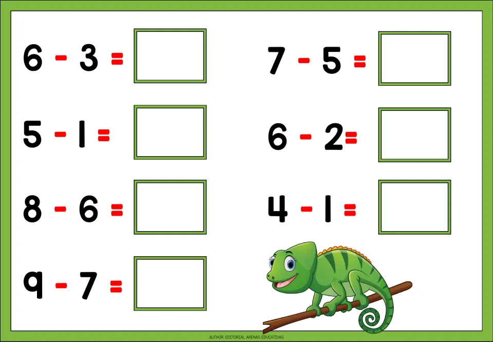 Subtraction worksheet 2 of 5: seven problems, including 6 − 3, 5 − 1, 8 − 6, 9 − 7, and three more